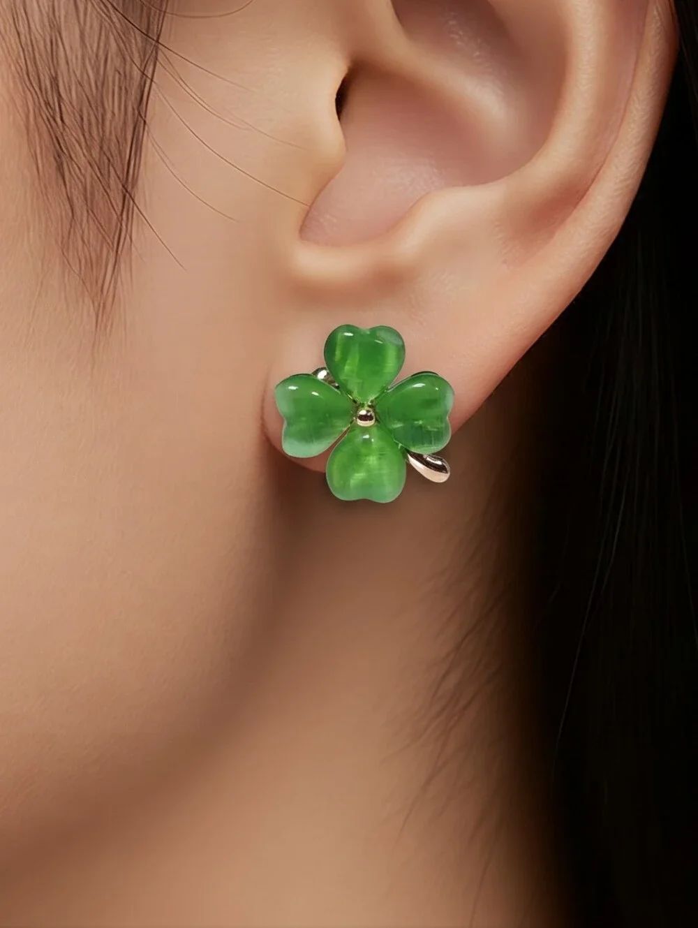 Lucky Four Leaf Clover Stud Earrings Green Cat-eye Gold St Patrick’s Day Irish